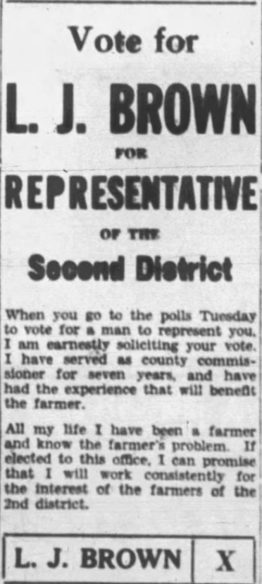 Print advertisement for L.J. Brown's 1930 HD 02 general election campaign.