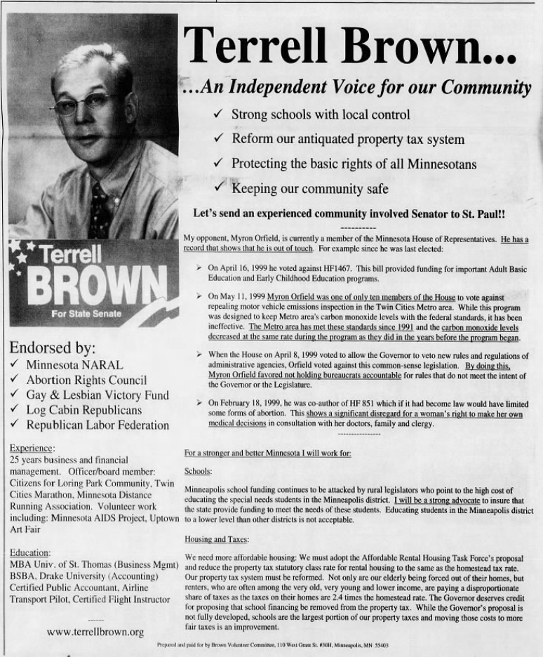 Print advertisement for Terrell Brown's 2000 SD 60 general election campaign.