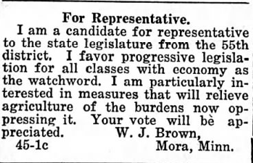 Print advertisement for W.J. Brown's 1922 HD 55 general election campaign.