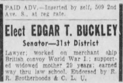 Print advertisement for Edgar T. Buckley's 1942 SD 31 general election campaign.