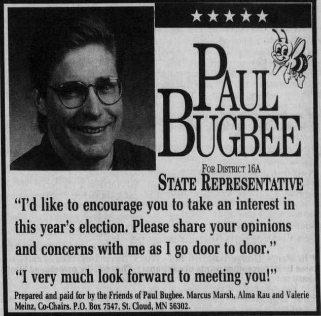 Print advertisement for Paul Bugbee's 1992  HD 16A campaign.