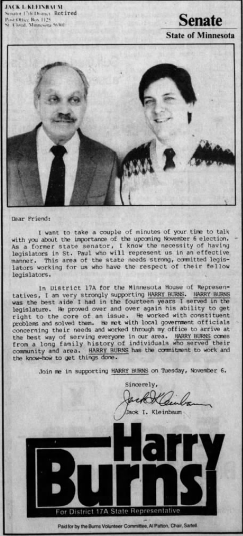Print advertisement for Harry Burns II's 1984 HD 17A general election campaign.