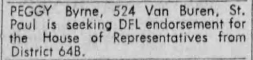 Classified advertisement by Peggy Byrne for 1974 HD 64B DFL endorsement.