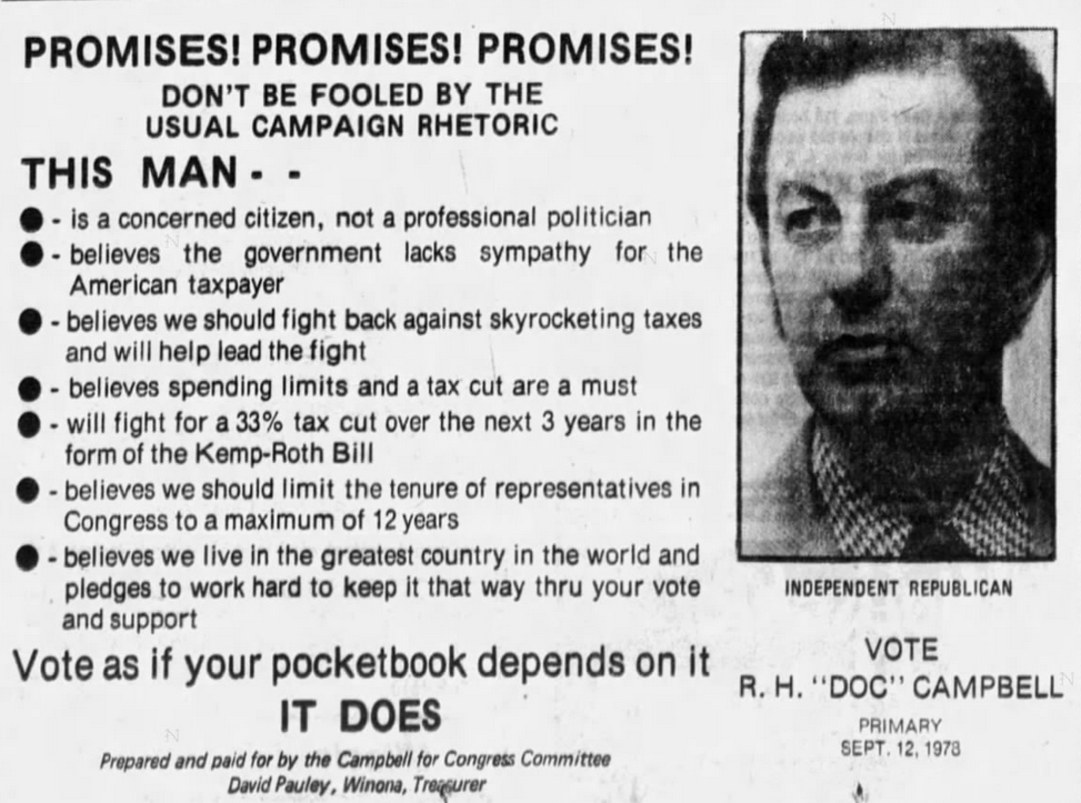 Print advertisement for R.H. Campbell's 1978 CD 01 primary campaign.