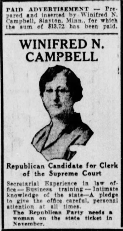 Print advertisement for Winifred N. Campbell's 1930 primary campaign for Clerk of the Supreme Court.