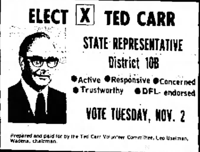 Print advertisement for Ted Carr's 1976 HD  10B general election campaign.