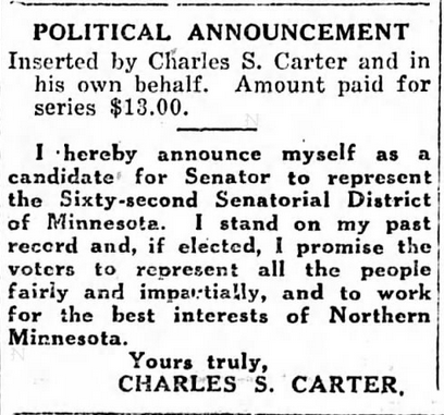 Print advertisement for Charles S. Carter's 1922 HD 61 primary campaign.