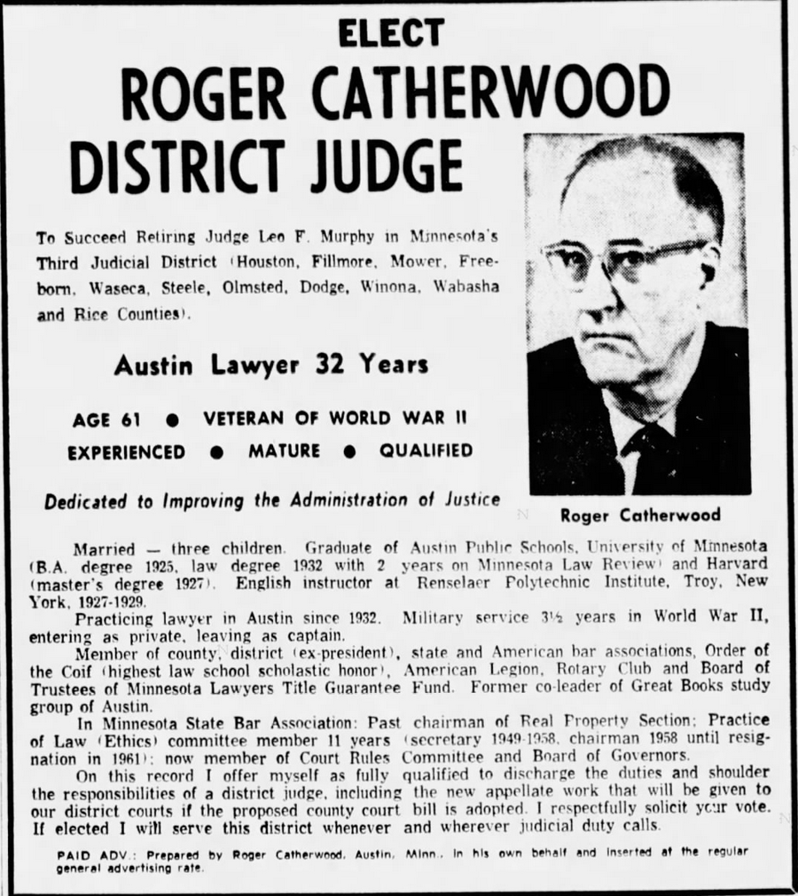 Print advertisement for Roger Catherwood's 1964 3rd District Court Judge primary campaign.