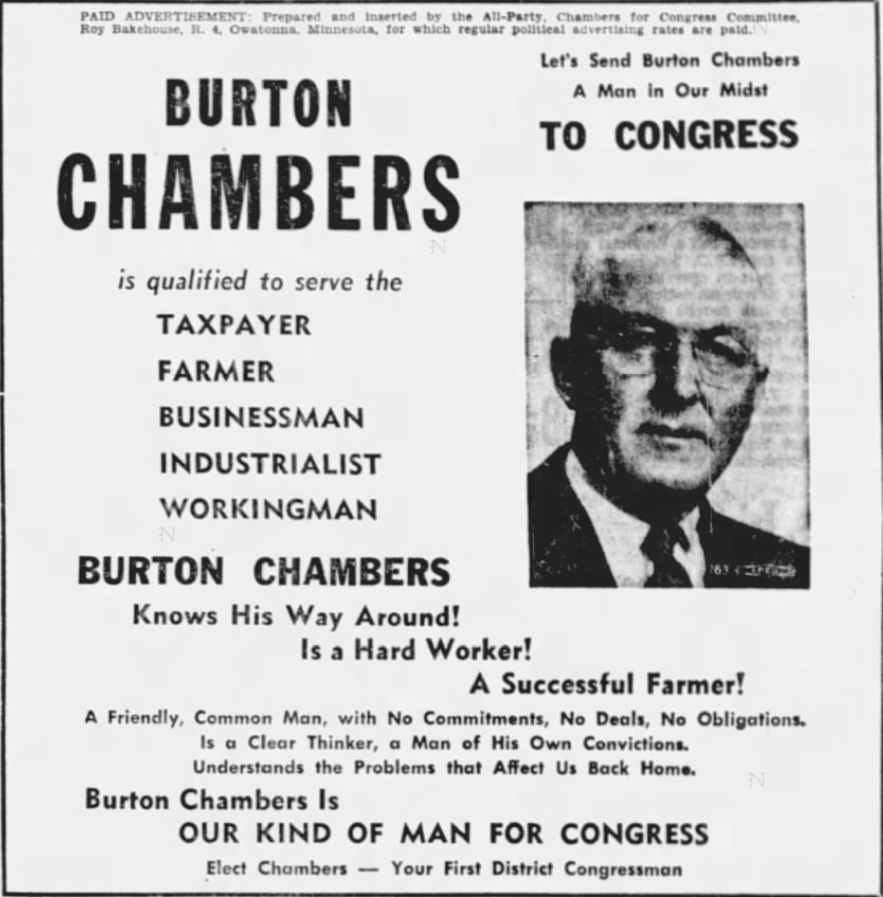 Print advertisement for Burton Chambers' 1950 CD 01 general election campaign.