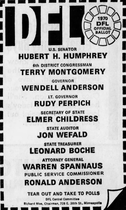 Print advertisement for 1970 DFL-endorsed primary candidates for statewide and federal office in 6th Congressional District.
