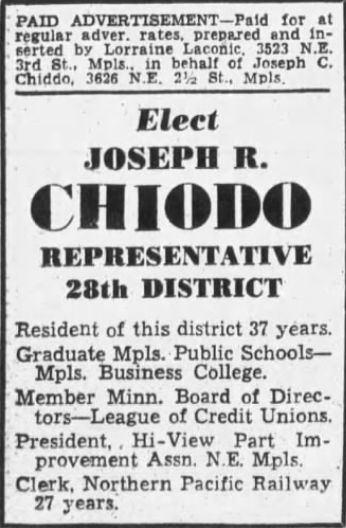 Print advertisement for Joseph R. Chiodo's 1947 HD 28 special primary election campaign.