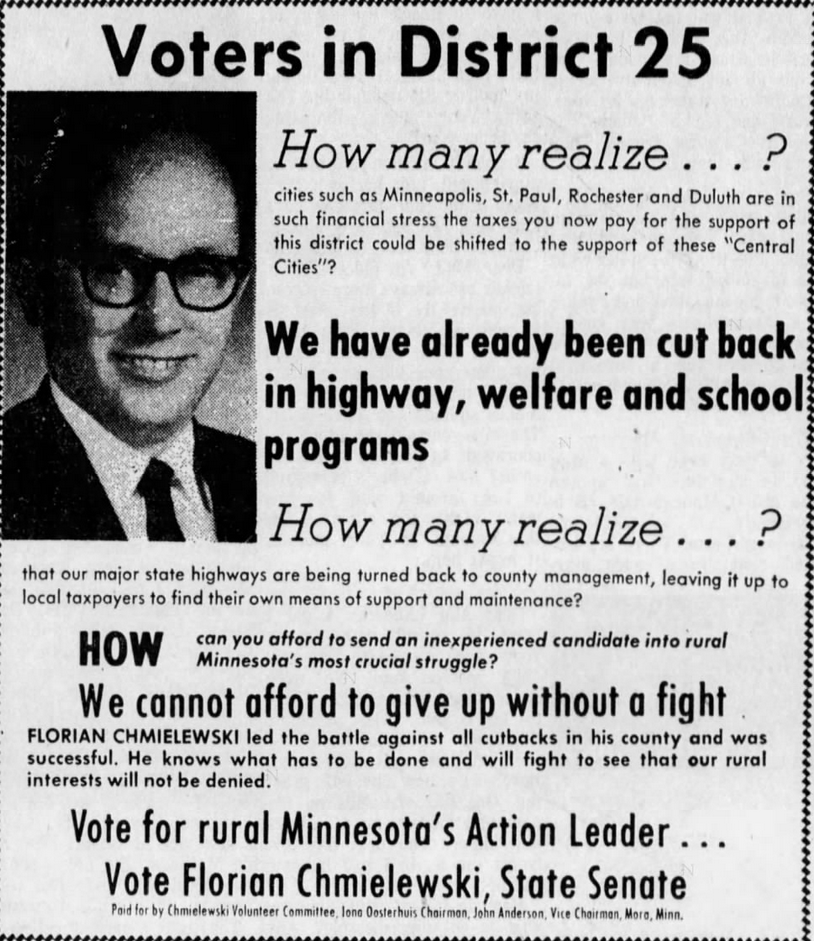 Print advertisement for Florian W. Chmielewski's 1970 SD 25 general election campaign.