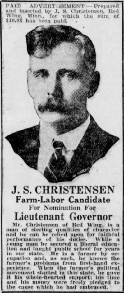 Print advertisement for J.S. Christensen's 1924 Lieutenant Governor primary campaign.