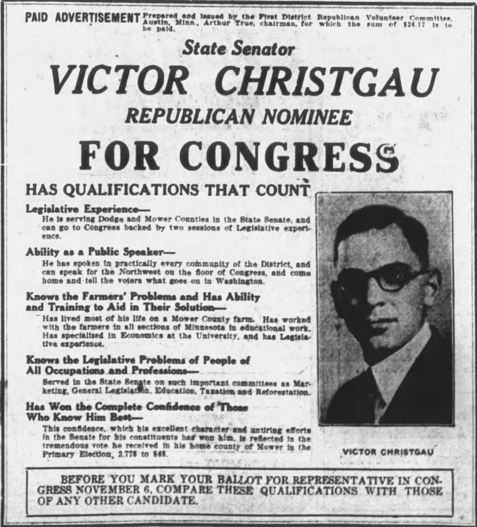 Print advertisement for Victor Christgau's 1928 1st CD general election campaign.