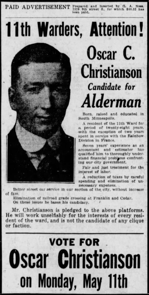 Print advertisement for Oscar C. Christianson's 1925 Minneapolis Alderman (11th Ward) campaign.