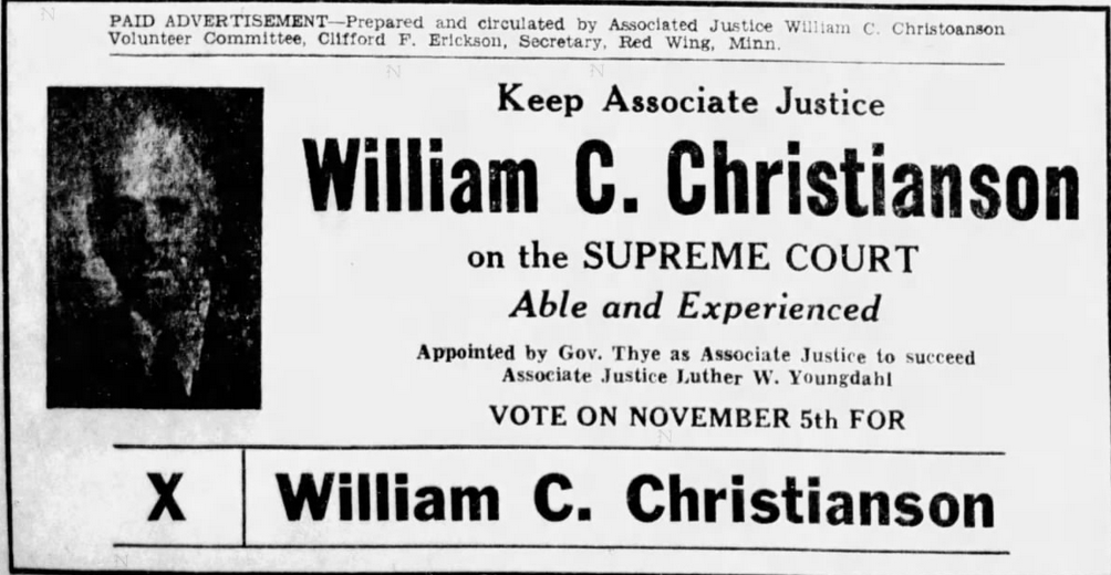 Print advertisement for William C. Christianson's 1946 Associate Justice of the Supreme Court general election campaign.