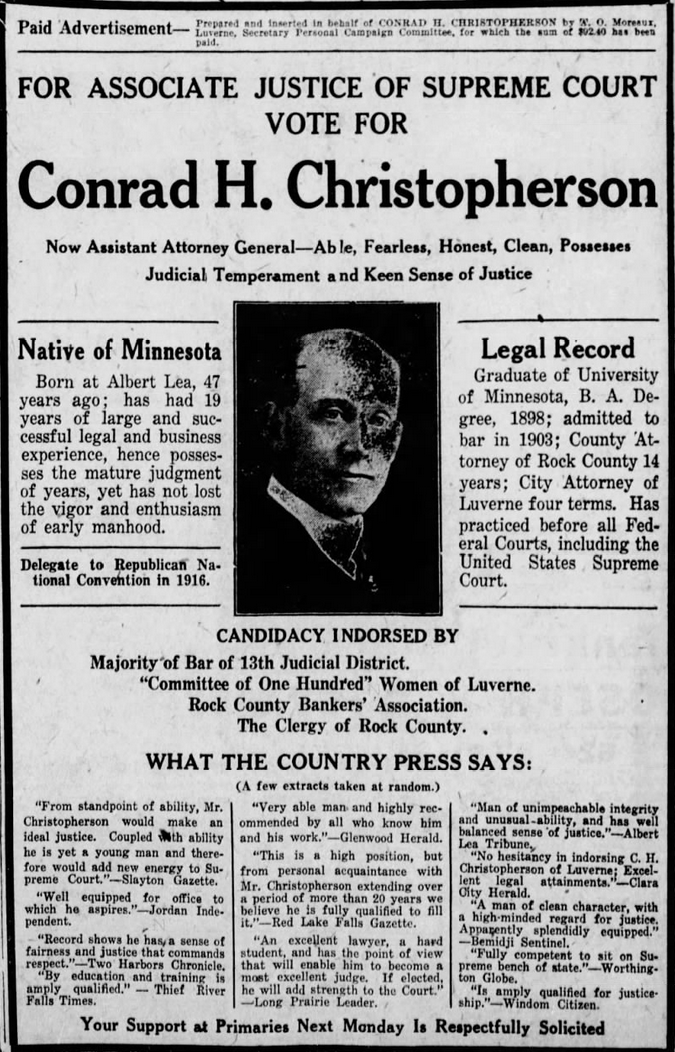 Print advertisement for Conrad H. Christopherson's 1922 Supreme Court Associate Justice primary campaign.