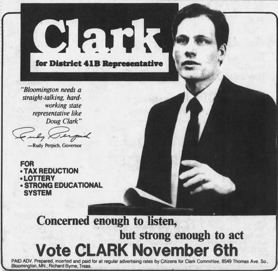 Print advertisement for Douglas R. Clark's 1984 HD 41A general election campaign.