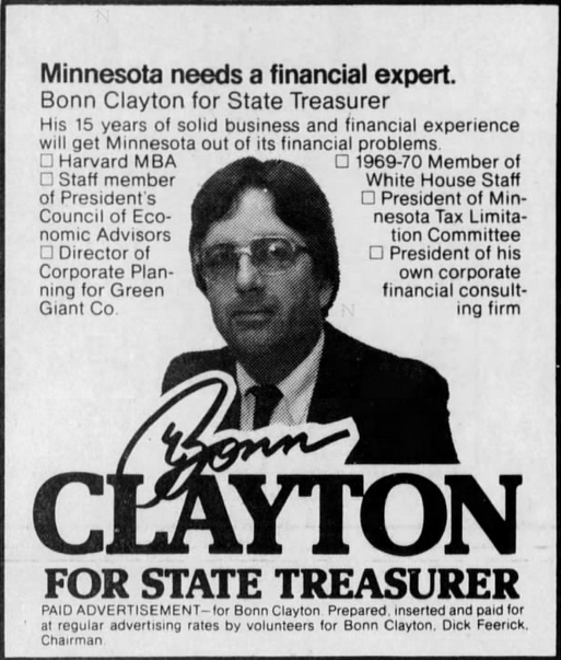 Print advertisement for Bonn Clayton's 1982 Treasurer general election campaign.