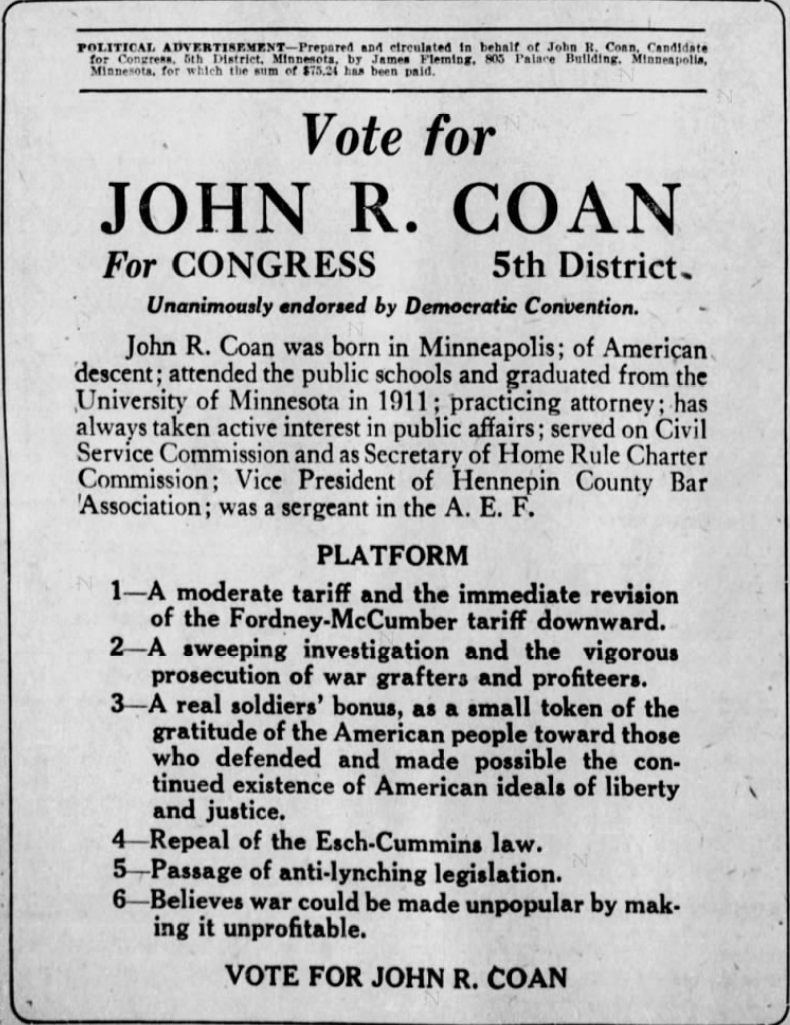 Print advertisement for John R. Coan's 1922 CD 05 general election campaign.
