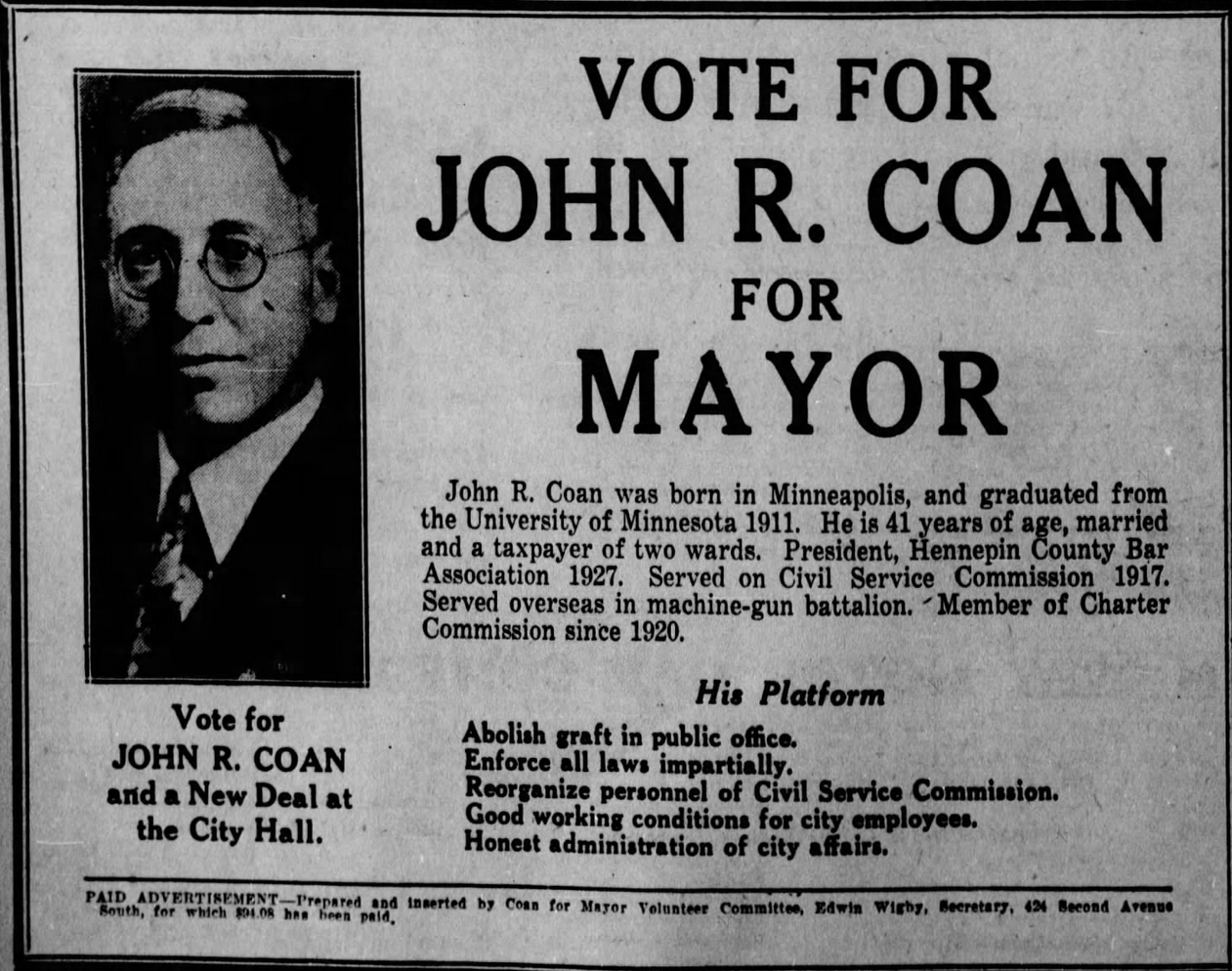 Print advertisement for John R. Coan's 1929 Minneapolis mayoral campaign.