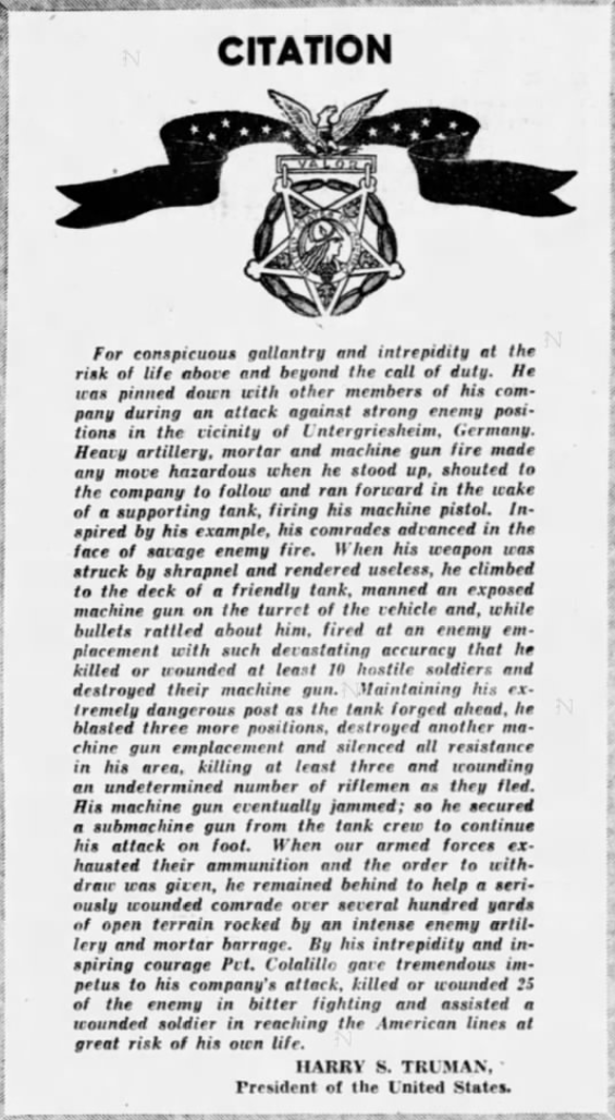 Michael Colalillo's Congressional Medal of Honor citation.