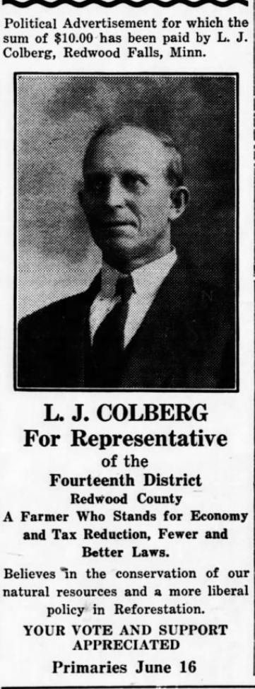 Print advertisement of Lucas J. Colberg's 1930 HD 14 primary election campaign.
