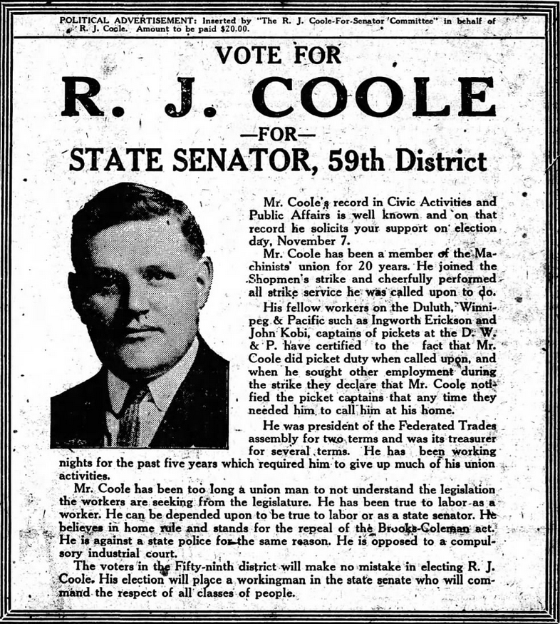 Print advertisement for Robert Coole's 1922 HD 59 State Senate general election campaign.