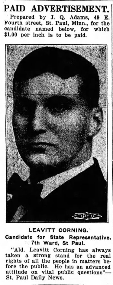 Print advertisement for Leavitt Corning's 1914 HD 40 general election campaign.