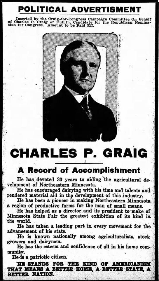 Print advertisement for Charles P. Craig's 1916 8th CD Republican primary campaign.