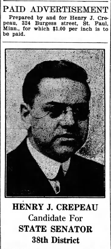 Print advertisement for Henry J. Crepeau's 1918 SD 38 primary campaign.