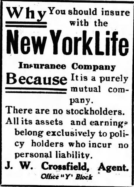 Print advertisement for John Crossfield's insurance agent business.