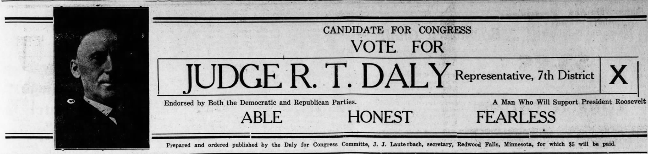 Print advertisement for Richard T. Daly's 1934 7th CD general election campaign.