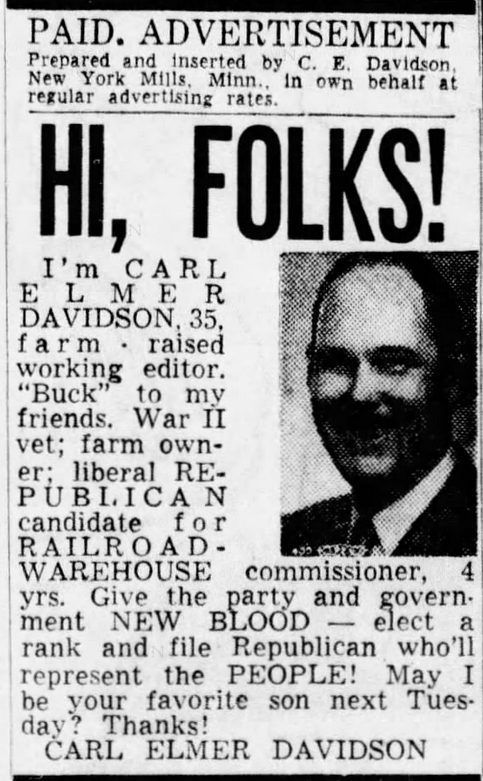 Print advertisement for Carl Elmer Davidson's 1952 special primary election campaign for Railroad and Warehouse Commissioner.