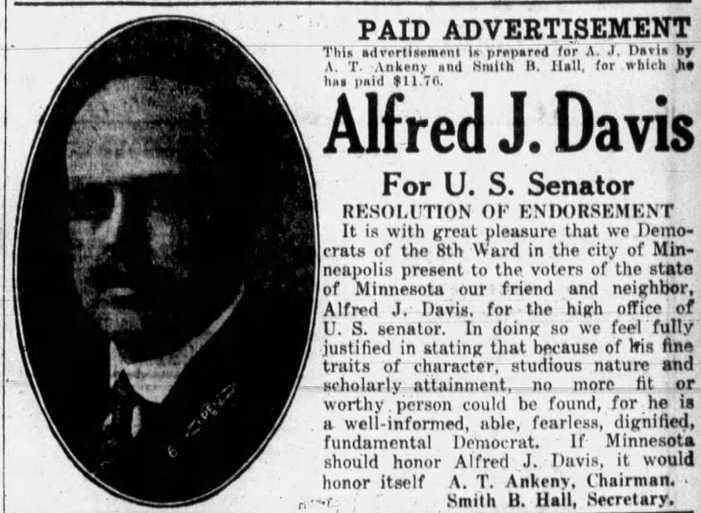 Print advertisement for Alfred J. Davis' 1916 Democratic U.S. Senate primary campaign.
