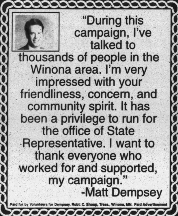 Print advertisement for Matt Dempsey's 1994 HD 32A general election campaign.