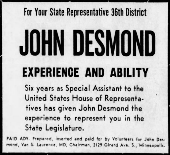 Print advertisement of John Desmond's 1970 HD 36 general election campaign.