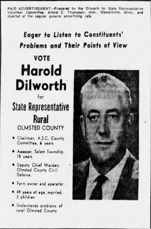 Print advertisement for Harold Dilworth's 1962 HD 03 general election campaign.