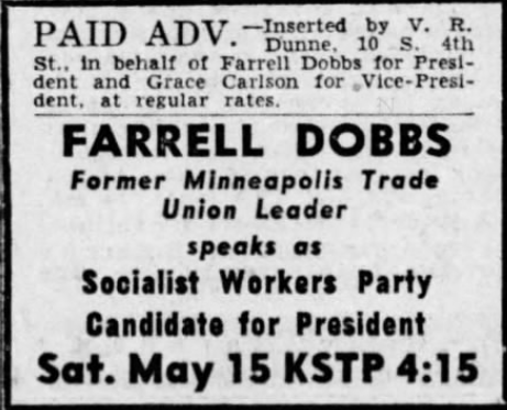 Print advertisement for campaign event for Farrell Dobb's 1948 presidential campaign.