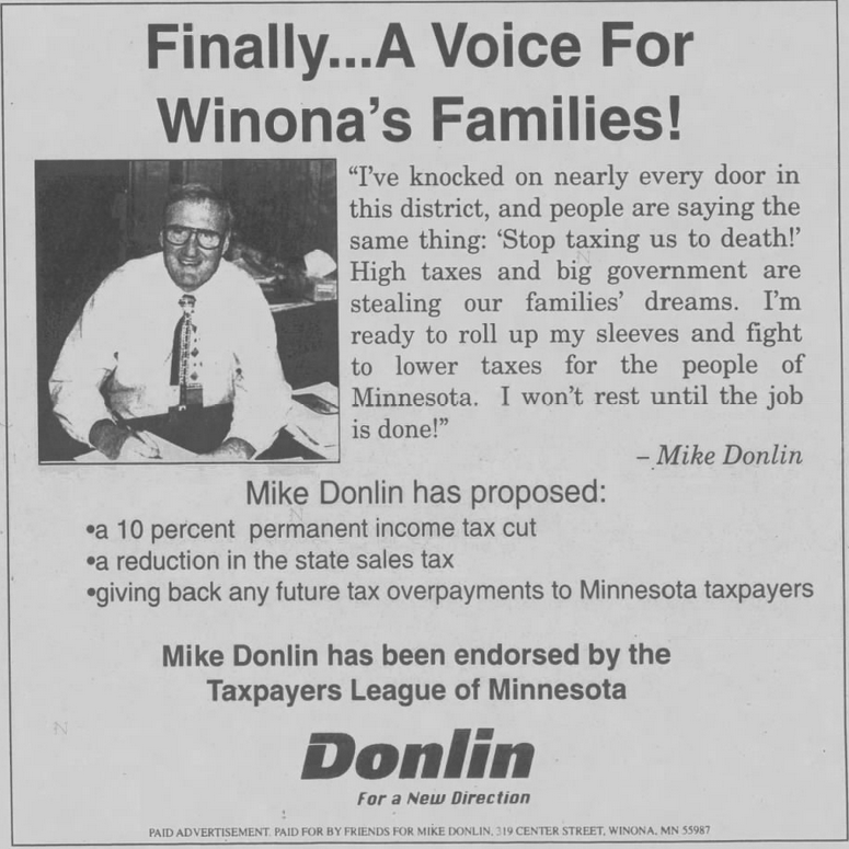 Print advertisement for Mike Donlin's 1998 HD 32A general election campaign.