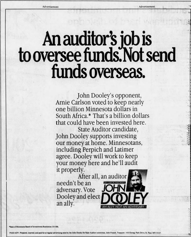 Print advertisement for John Dooley's 1986 Auditor general election campaign.