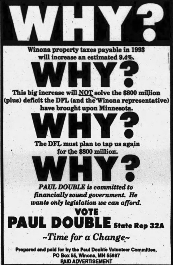 Print advertisement for Paul Double's 1992 HD 32A general election campaign.