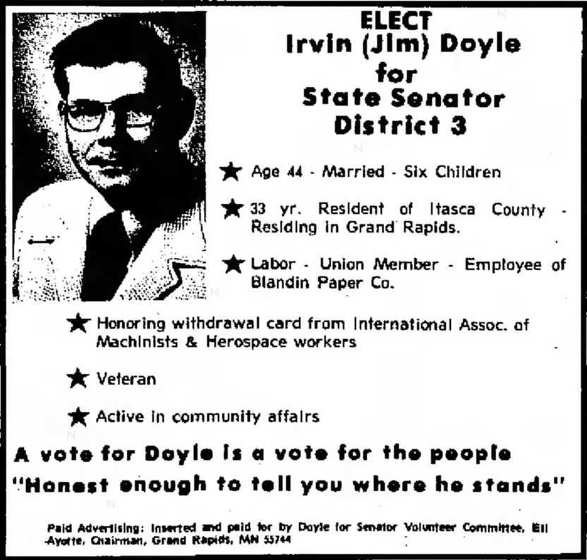 Print advertisement for Irwin Doyle's 1976 SD 03 primary campaign.