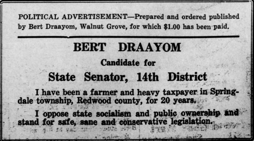 Print advertisement for Bert Draayom's 1934 SD 14 primary election campaign.