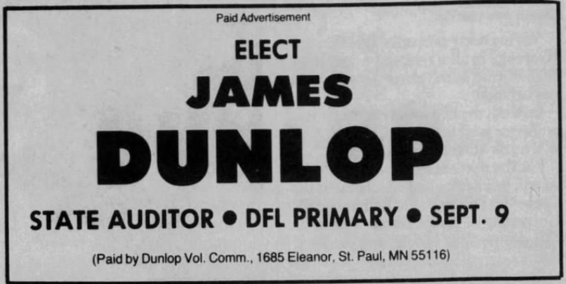 Print advertisement for James Dunlop's 1986 Treasurer primary campaign.