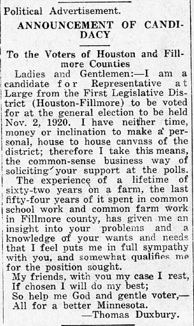 Print advertisement for Thomas Duxbury's HD 01 general election campaign.