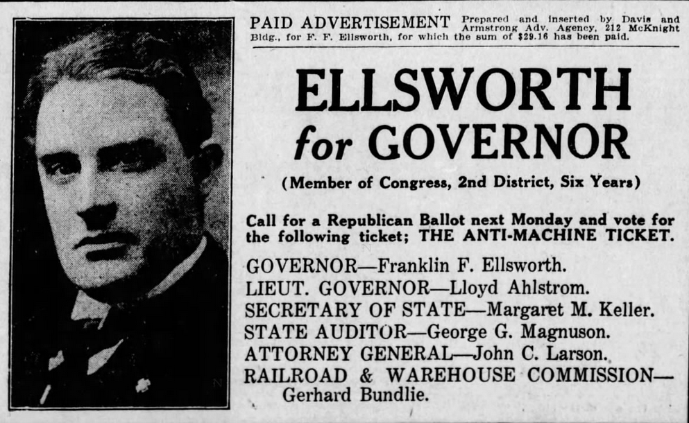 Print advertisement for Franklin F. Ellsworth's 1922 Republican gubernatorial primary campaign.