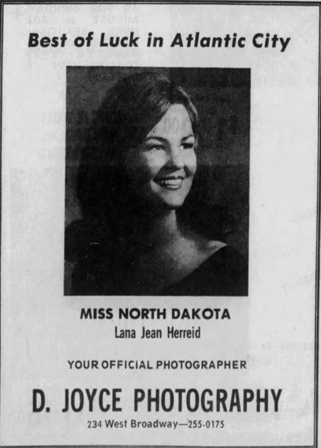Print advertisement for photography studio who photographed Lana Ensrud - then Lana Jean Herried - Miss North Dakota, 1971.