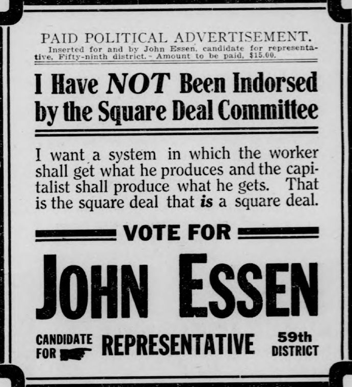 Print advertisement for John H. Essen's 1918 HD 59 general election campaign.