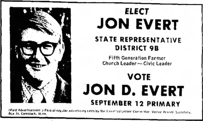 Print advertisement for Jon D. Evert's 1972 HD 09B primary campaign.